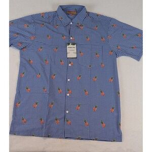 NWT Happy Bay Mens Blue Gingham Pineapple Print Short Sleeve Button Up Shirt Lrg